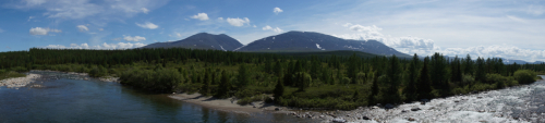 View of the Rossomakha (glutton) Ridge from the Begemot (hippopotamus) Rock (the Sanavozh tourist camp area)